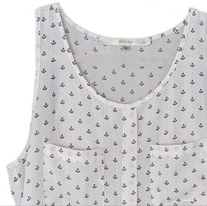 ⚓Blue Boat Anchors Coastal Flowy Silky White Dressy Tank Top Pockets Navy Lake M
